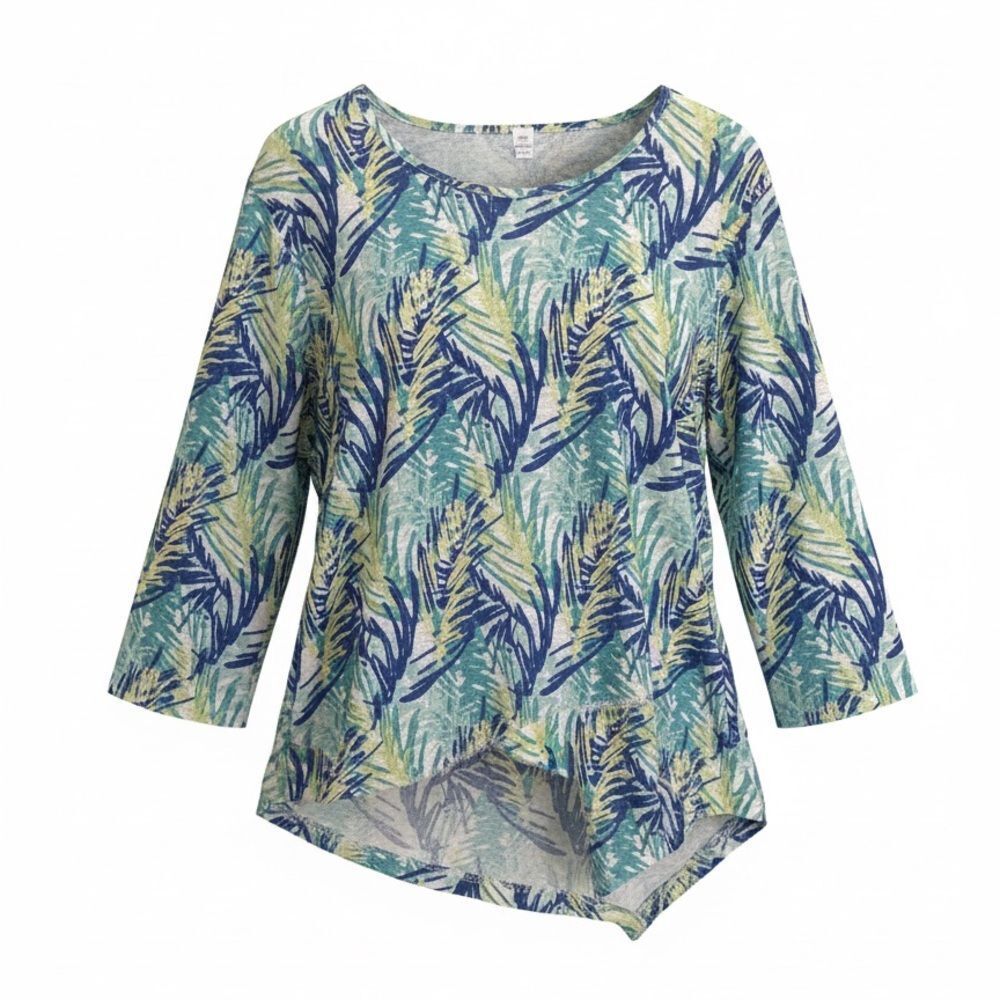 Lulu-B women’s Blue Green Palm-Print Women’s Scoop Neck Top size S